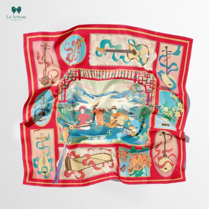 Khăn lụa vuông in hai mặt họa tiết Đờn Ca Tài Tử 70x70cm